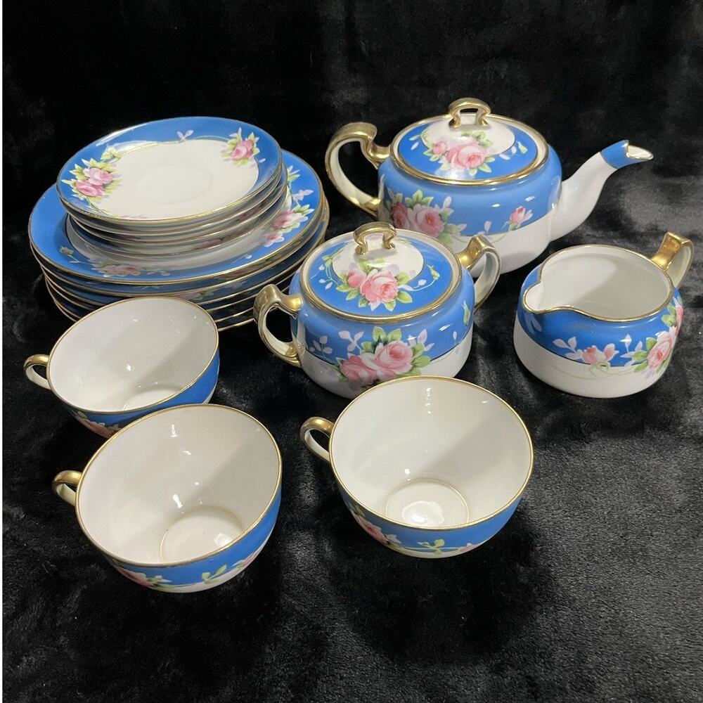 Vintage Hand Painted Nippon Japan Tea Set Blue Floral Gold Trim Porcelain 18 PCS